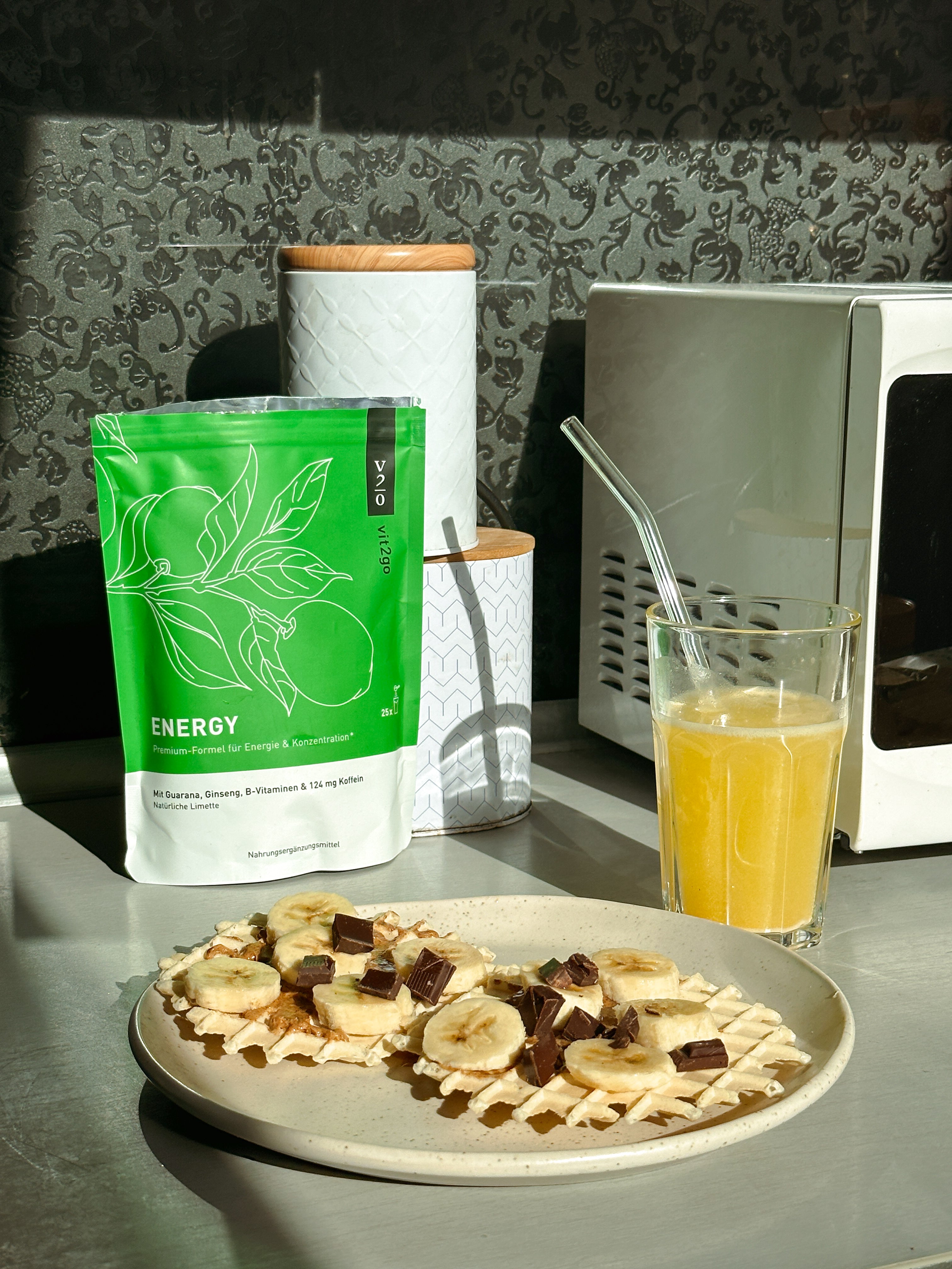 Vit2go Energy on the counter at breakfast